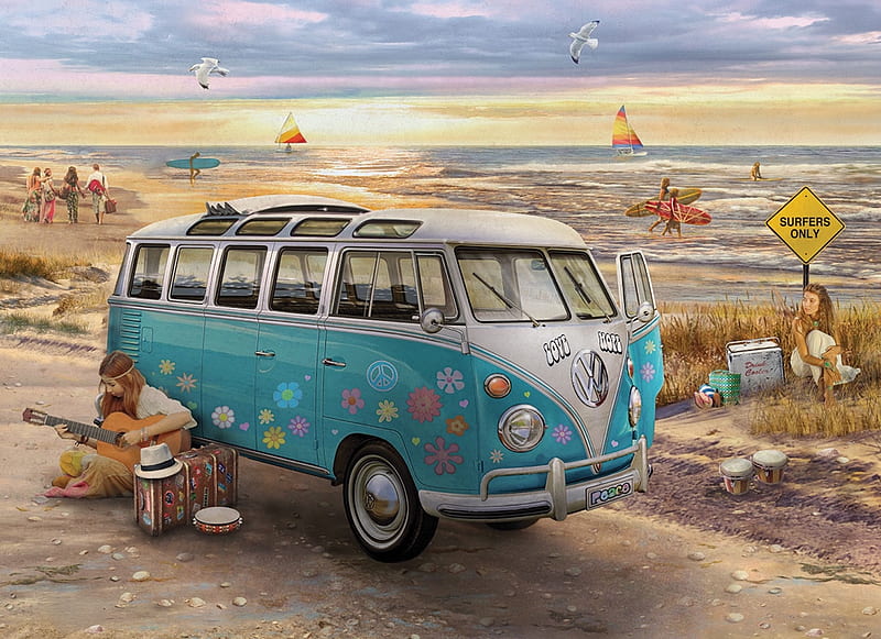 Love & Hope VW Bus, vw, peace, surfing, bus, hope, yachts, water, love, sixties, vintage, HD wallpaper