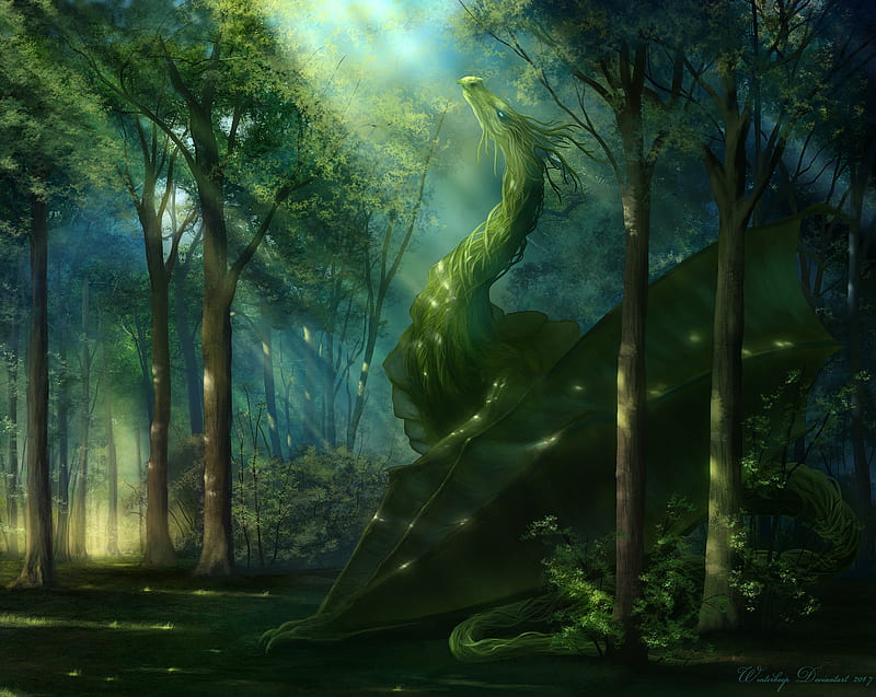 Elven dragon, green, dragon, benj ben j, forest, fantasy, luminos, fantasy art, HD wallpaper