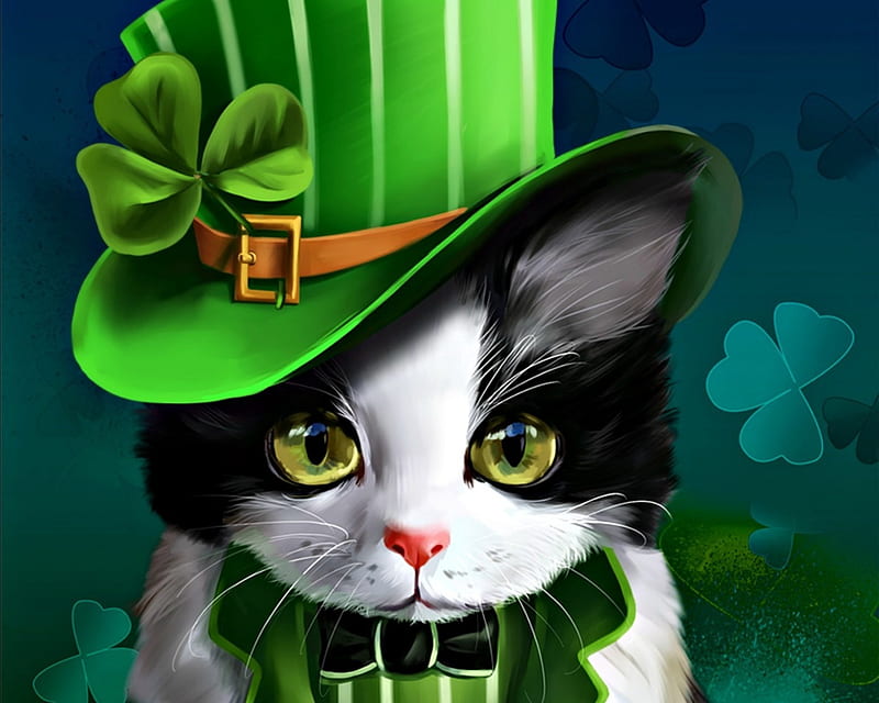 St. Patrick cat, art, lorri kajenna, black, cat, animal, hat, fantasy, green, digital, trifoil, white, st patrick, HD wallpaper