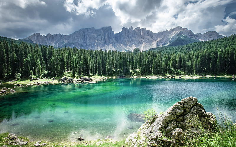 Carezza Lake italian landmarks, forest, South Tyrol, Alto Adige, Bolzano, Italy, HD wallpaper
