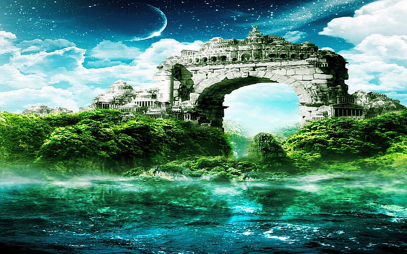 Gate of Dreams, cg, dreams, archway, clouds, fantasy, green, blue, gate, passage, sky, trees, abstract, water, gateway, 3d, plants, vegitation, HD wallpaper
