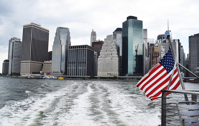 U.S.A. flag on boat near city, HD wallpaper