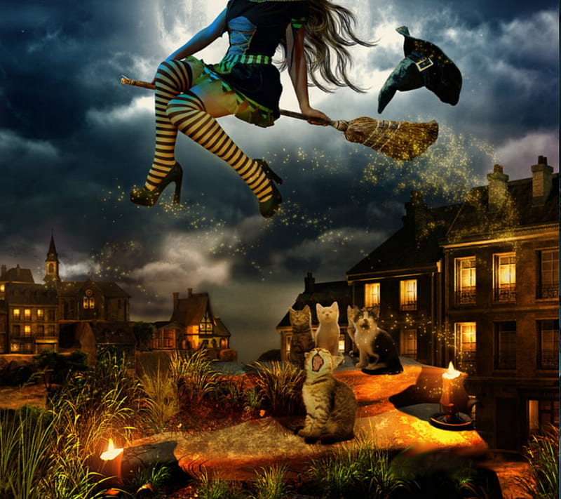 2160x1920px, broom, candle, cat, halloween, happy halloween, witch, HD wallpaper