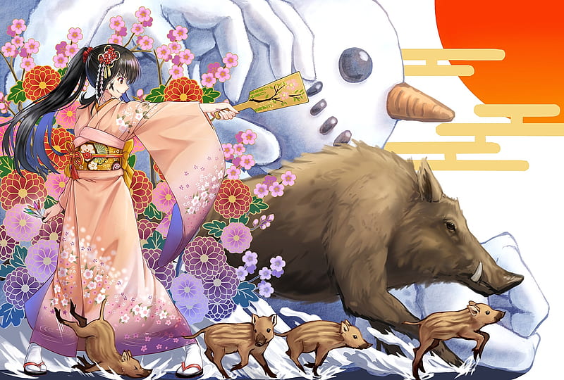 Year of the boar, red, pig, macha0331, chinese zodiac, manga, snowman, boar, cute, piglrt, girl, year of the pig, anime, flower, piglet, pink, HD wallpaper