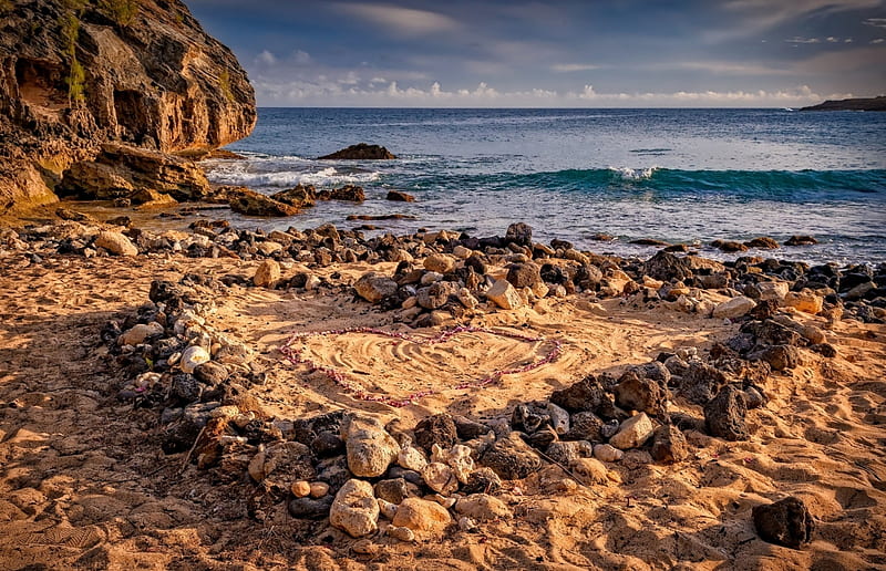 Hawaii Coast, rocks, stones, sand, Hawaii, heart, flowers, waves, coast