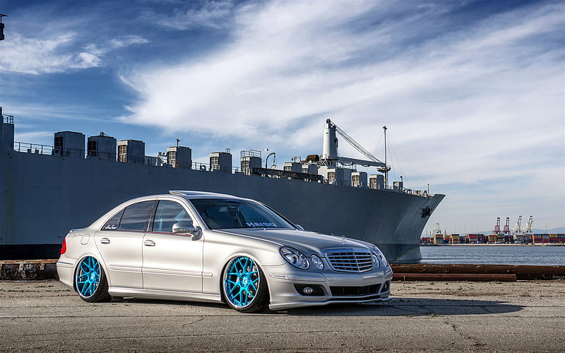 Mercedes-Benz E-class, low rider, tuning, W211, port, silver