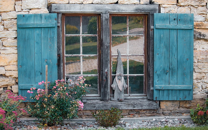 Window in Old House, flowers, dwarf, window, wooden, HD wallpaper