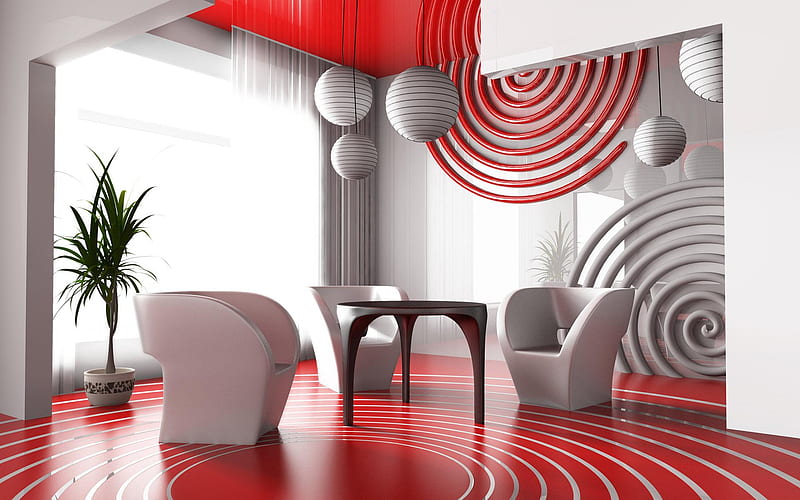 Red and White, furniture, red, room, white, abstract, HD wallpaper