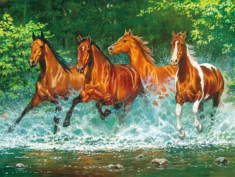 Wild horses, red, shore, brown, rive, bonito, sea, beach, splash, nice, green, bunch, wild, painting, reflection, animals, forest, lovely, ocean, waves, trees, horses, lake, water, ride, summer, HD wallpaper