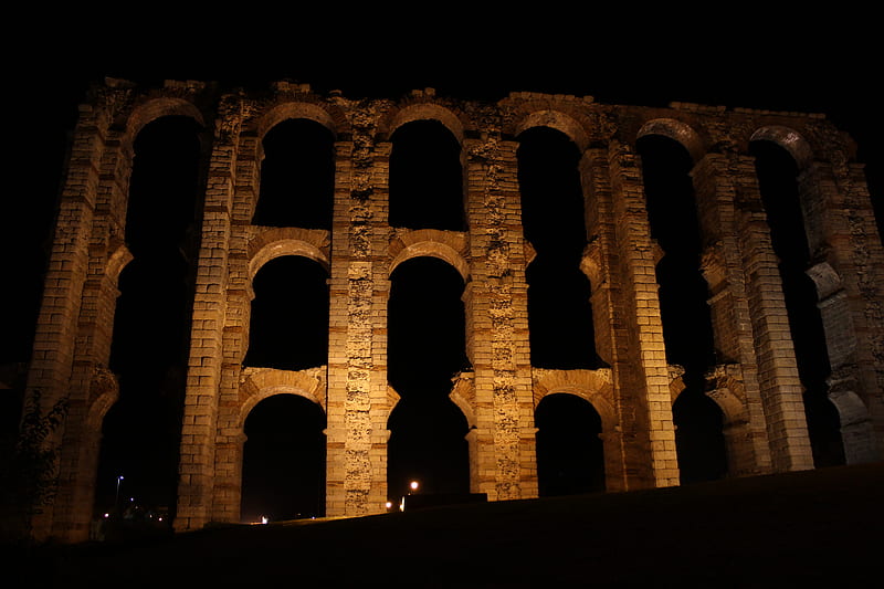 Roman aqueduct in Merida, aqueduct, roman, ancient, night, HD wallpaper