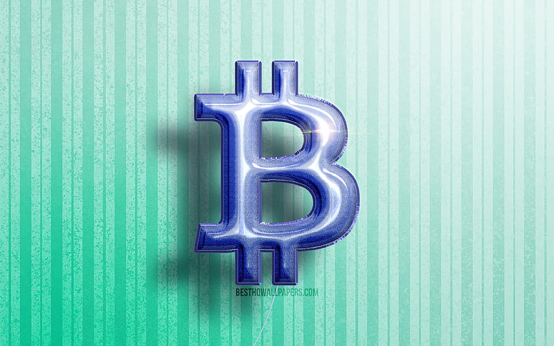 Bitcoin 3D logo, blue realistic balloons, cryptocurrency, Bitcoin logo, blue wooden backgrounds, Bitcoin, HD wallpaper