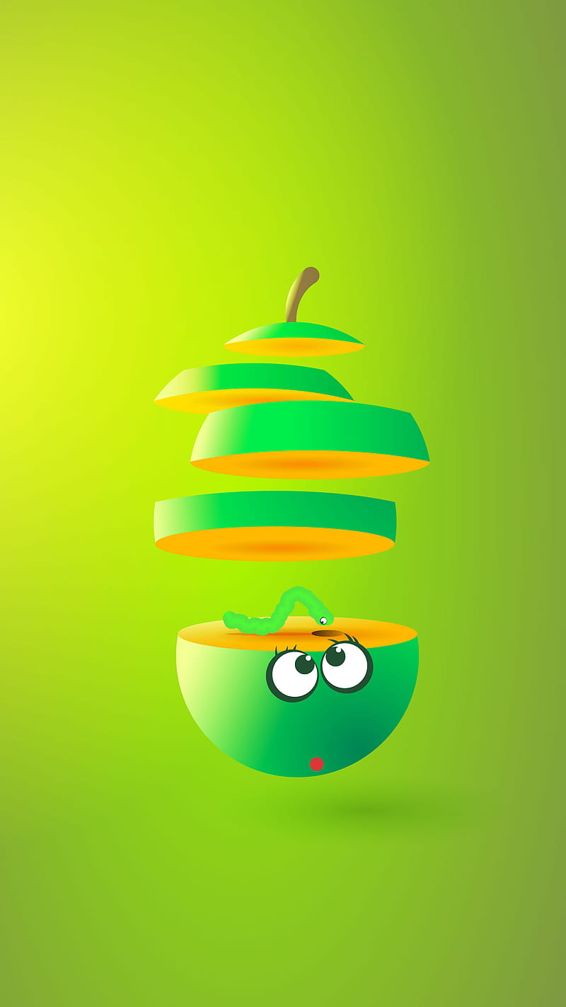 Fruit & Larva, 3d, cute, eyes, green, illustration, imagineart, slice, HD phone wallpaper