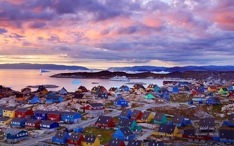 Town of Ilulissat, Disko Bay, Greenland, mountain, colorful, ship, ocean, town, clouds, bay, HD wallpaper