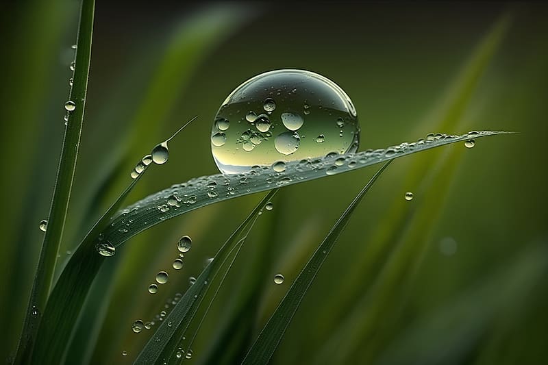 Water drops on grass, Droplet, Macro, Bokeh, Blade, HD wallpaper