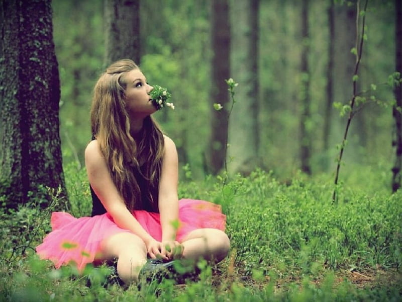 Love Is Lifting Me Higher, forest, girl, grass, woods, summer, beauty, trees, HD wallpaper