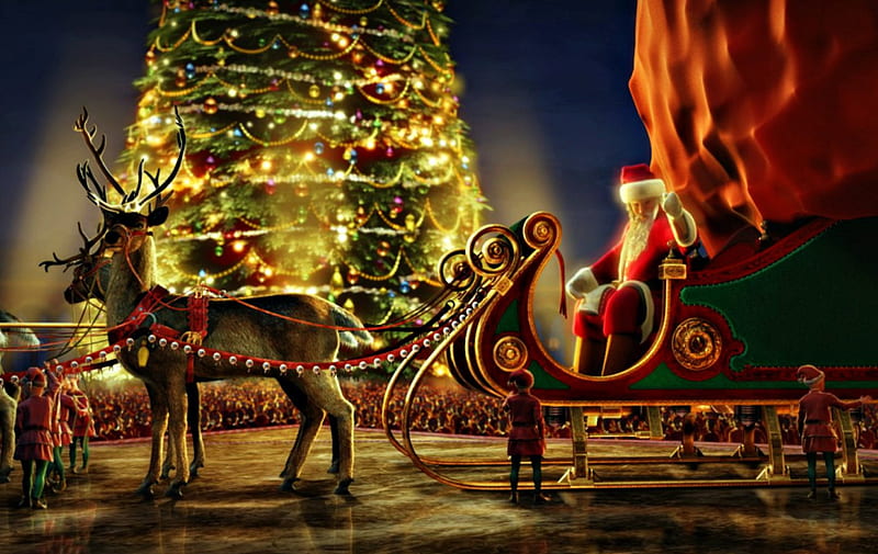 The Polar Express (2004), red, movie, christmas, yellow, santa claus, the polar express, lights, tree, fir, reindeer, HD wallpaper