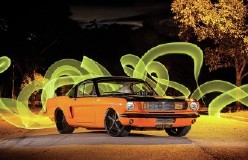 1965-Ford-Mustang-Fastback, Classic, Black, Ford, Orange, HD wallpaper