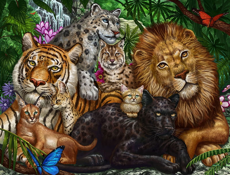 Big cats, leu, jaguar, pictura, cat, pisici, panther, lion, art, tiger, painting, HD wallpaper