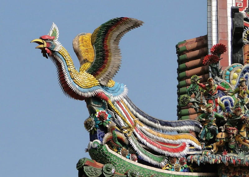 Longshan Temple Fenghuang, fantasy, wings, bird, statue, phoenix, china, yellow, HD wallpaper