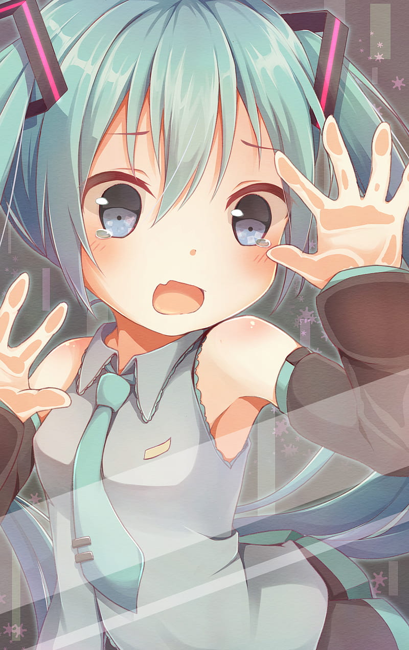 open mouth, behind the glass, Vocaloid, pigtails, blue eyes, blue hair, Hatsune Miku, crying, cyan hair, HD phone wallpaper