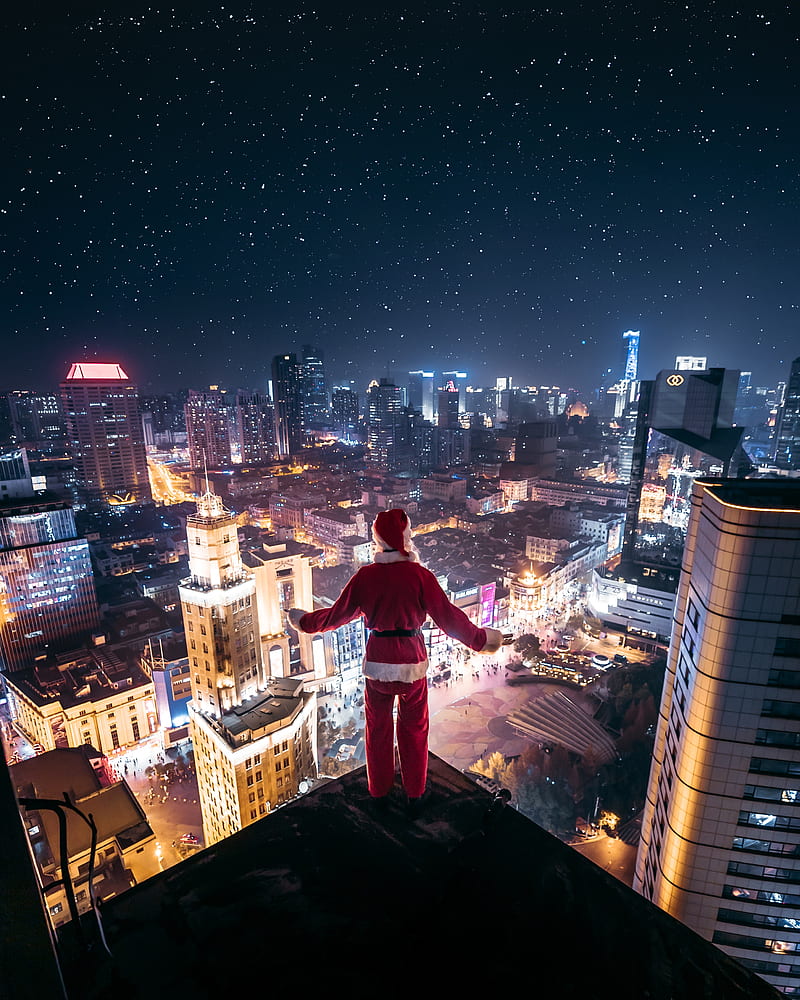 night city, aerial view, santa claus, loneliness, roof, HD phone wallpaper