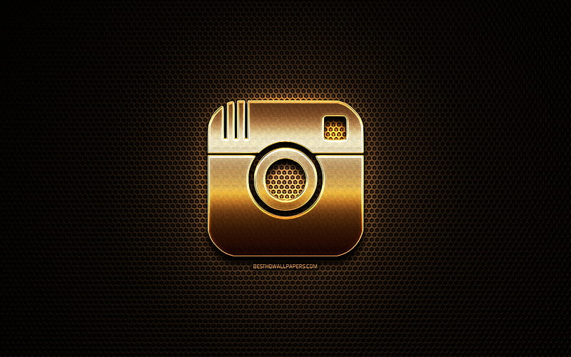 Instagram glitter logo, creative, metal grid background, Instagram logo, brands, Instagram, HD wallpaper