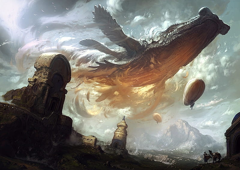 Flying Whales, Abstract, Whales, Steampunk, Fantasy, HD wallpaper