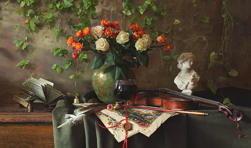 graphy, Still Life, Book, Bouquet, Rose, Sculpture, Vase, Violin, HD wallpaper
