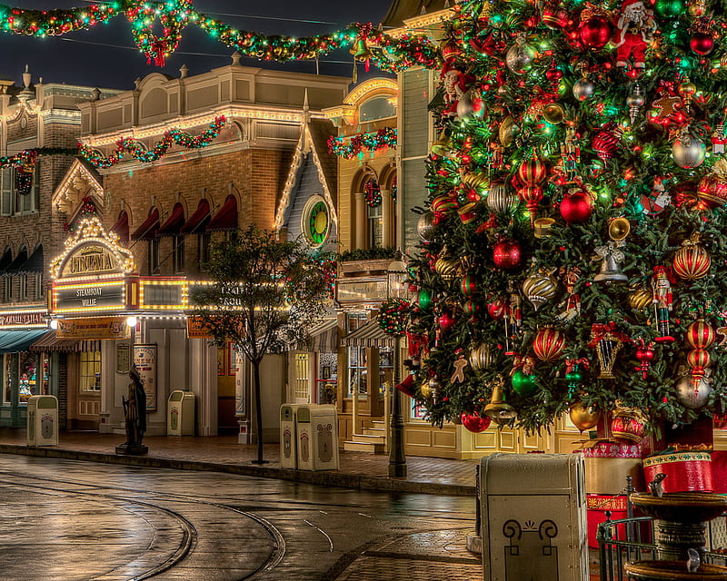 Christmas Town, holiday, lights, nexus, tree, xmas, HD wallpaper