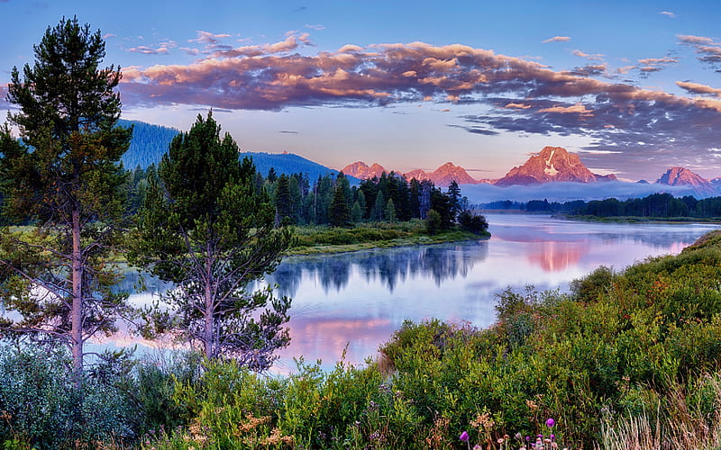 river, sunset, evening, spring, mountain landscape, Grand Teton National Park, USA, HD wallpaper