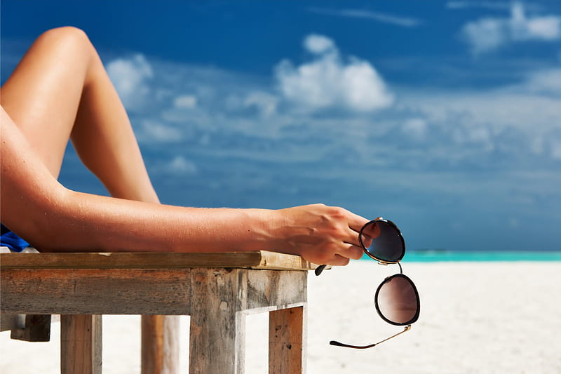 Summer Vacation, sunglasses, beach, sunbath, relax, woman, sea, HD wallpaper