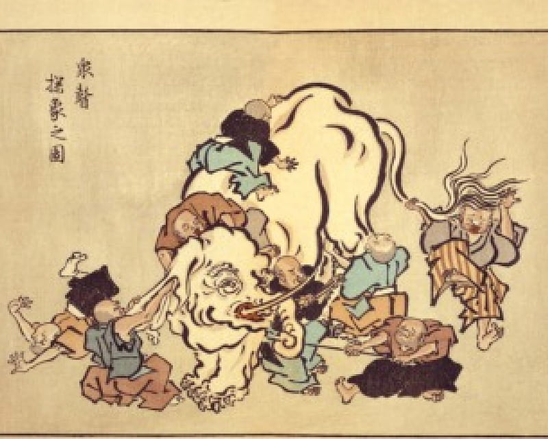 Blind Monks Examining an Elephant by Itcho Hanabusa 1652-1724, seventeenth century, print, japanese, mythology, HD wallpaper