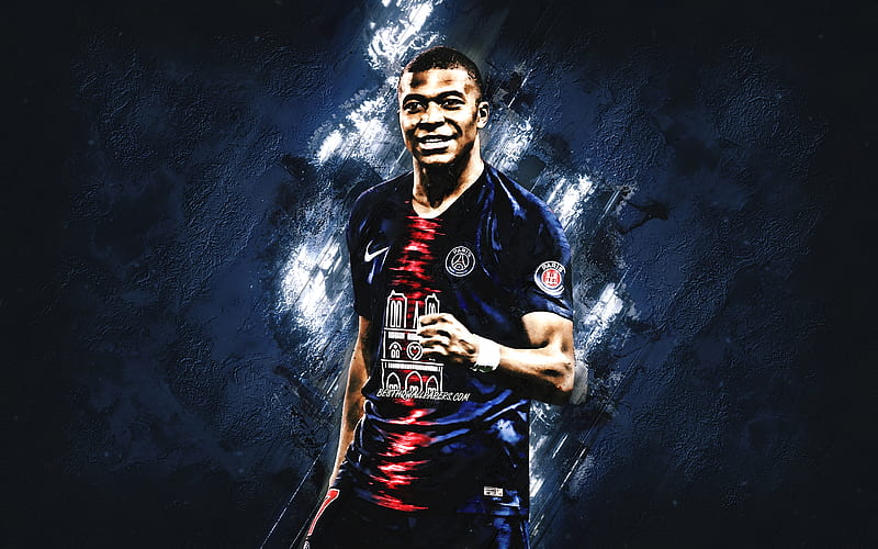 Kylian Mbappe, Paris Saint-Germain, French football player, striker, portrait, PSG, creative blue background, football, HD wallpaper