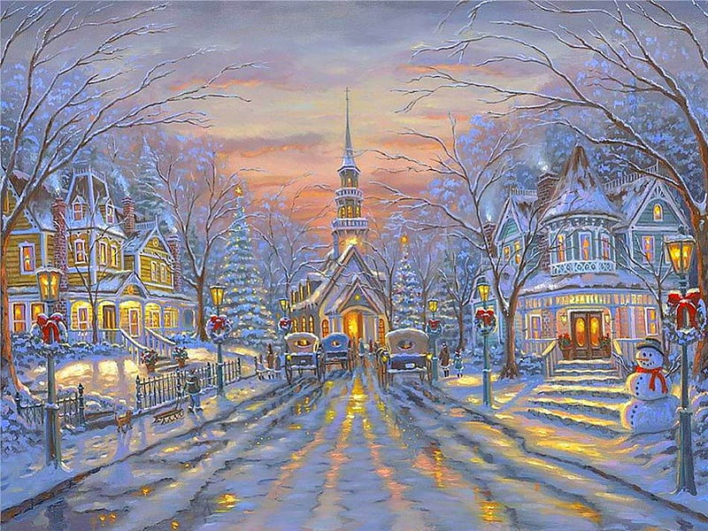 Winter medley, colorful, lovely, christmas, bonito, snowman, winter, spirit, city, splendor, medley, magical, color, street, HD wallpaper