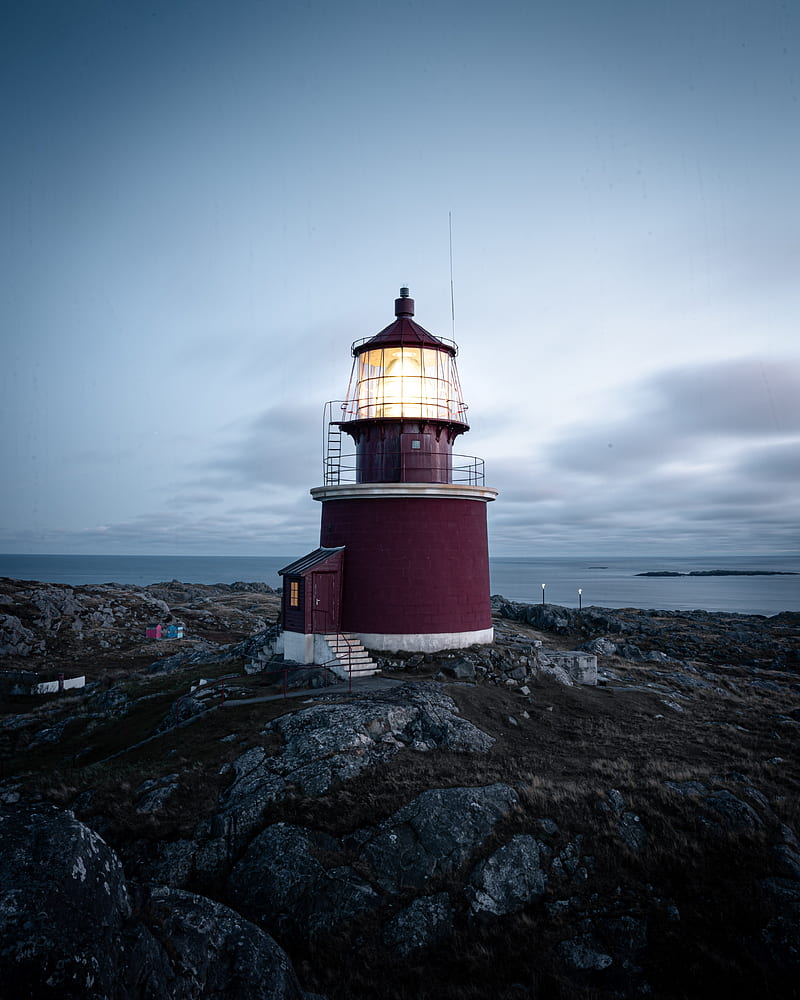 lighthouse, building, rocks, coast, sea, sky, HD phone wallpaper