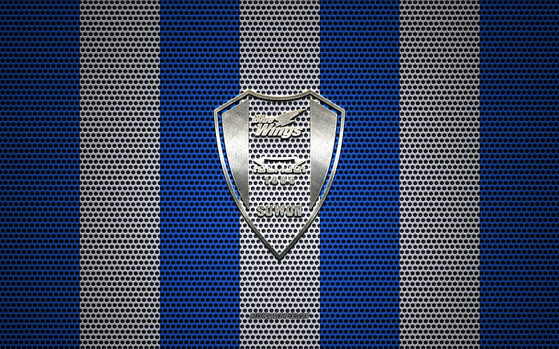 Suwon Samsung Bluewings logo, South Korean football club, metal emblem, blue white metal mesh background, Suwon Samsung Bluewings, K League 1, Suwon, South Korea, football, HD wallpaper
