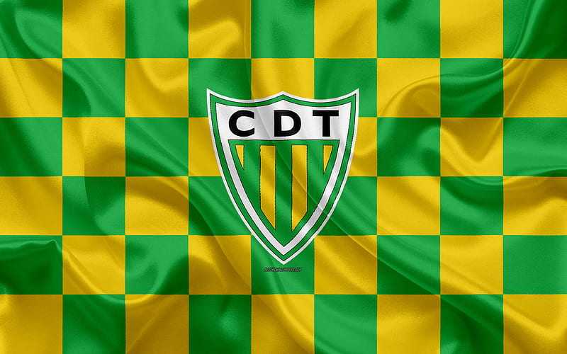 CD Tondela logo, creative art, green yellow checkered flag, Portuguese football club, Primeira Liga, Liga NOS, emblem, silk texture, Tondela, Portugal, football, HD wallpaper