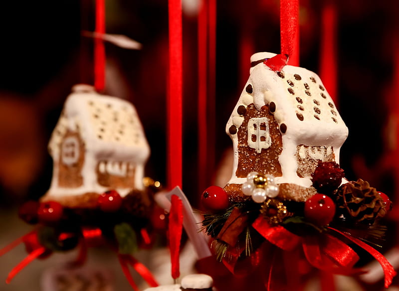Gingerbread Houses, Brown, Red, Abstract, Houses, White, Gingerbread, Ribbons, grahpy, HD wallpaper