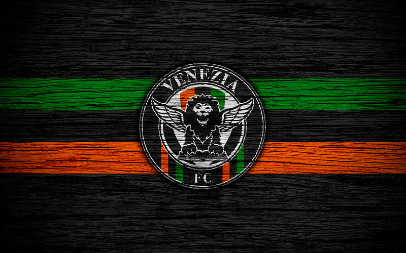 Venezia FC, Serie B football, wooden texture, black and orange green lines, Italian football club, logo, emblem, Venice, Italy, HD wallpaper