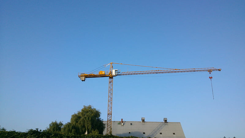 Construction Crane 2, Snapshot, Workzone, Yellow, Morning, Summer, la maquina, Builder, Outside, Blue Sky, Crane, Building Machine, summer time, graphy, Blue, Day, Daytime, Sky, Construction Area, Constructor, Construction Crane, graph, HD wallpaper