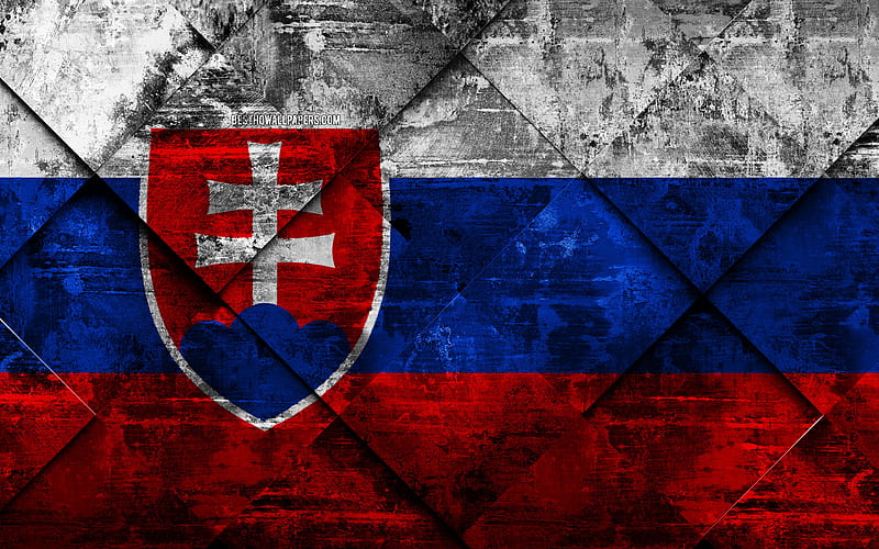 Flag of Slovakia grunge art, rhombus grunge texture, Slovak flag, Europe, national symbols, Slovakia, creative art, HD wallpaper