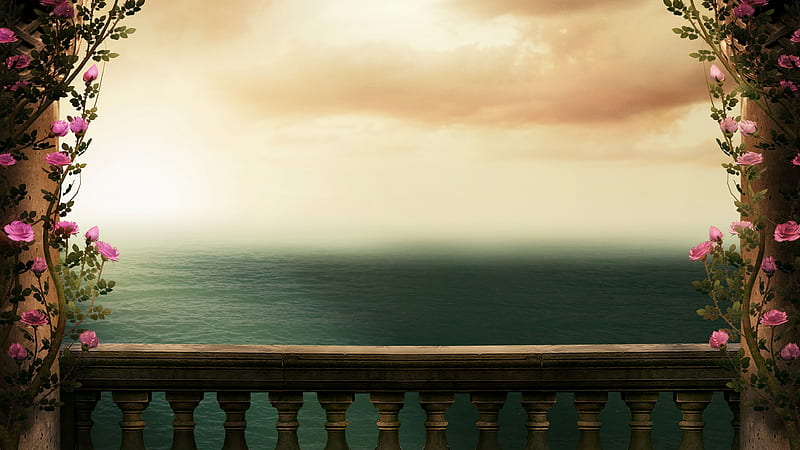 Man Made, Balcony, Fantasy, Sea, HD wallpaper