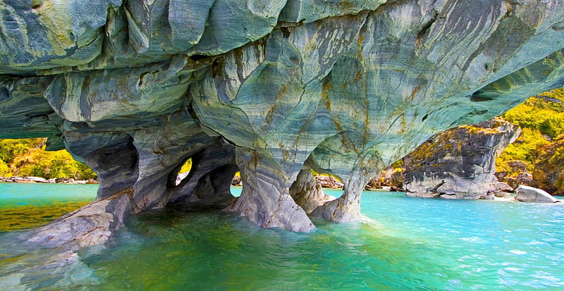 Marble Cave, Lake General Carrera, rocks, grass, turquoise water, bonito, lake, erosion, geology, Chile, Patagonia, HD wallpaper