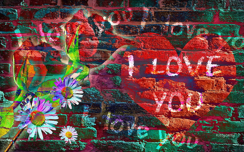 Love Graffiti , art, rose, I love you, desenho, graffiti, wall, daisies, love, heart, red heart, daisy, HD wallpaper