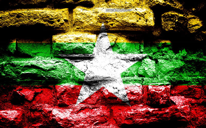 Empire of Myanmar, grunge brick texture, Flag of Myanmar, flag on brick wall, Myanmar, flags of Asian countries, HD wallpaper