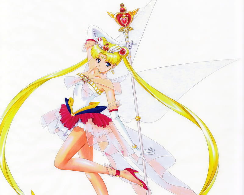 Sailor Moon, pretty, cg, wing, sweet, nice, anime, anime girl, longhair, fairy, wings, lovely, twintail, blonde, sexy, white dress, blond, ebauty, bonito, anfel, twin tail, magical girl, hot, sailormoon, female, wand, lolita, blonde hair, twintails, plain, twin tails, girl, simple, HD wallpaper