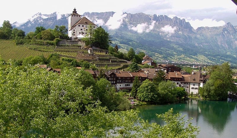 Grabs, Switzerland, large pond, grapevines, hill, Church, montains, HD wallpaper