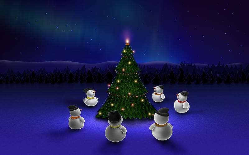 Christmas tree, snowmen, winter, night, Christmas, Xmas, snowman, HD wallpaper