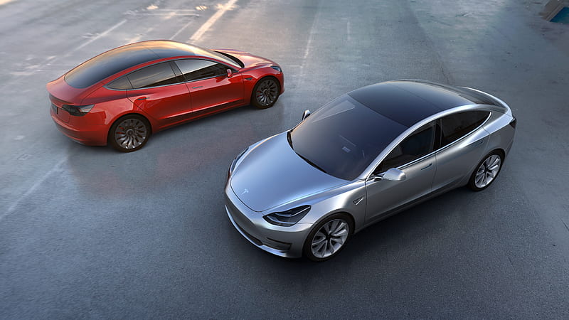 Red & Silver, Tesla, sporty, sedan, 7680x4320, parking, electric, HD wallpaper