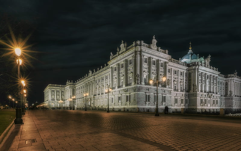 Royal Palace of Madrid nightscapes, spanish cities, Spain, Madrid, Europe, Madrid at night, HD wallpaper